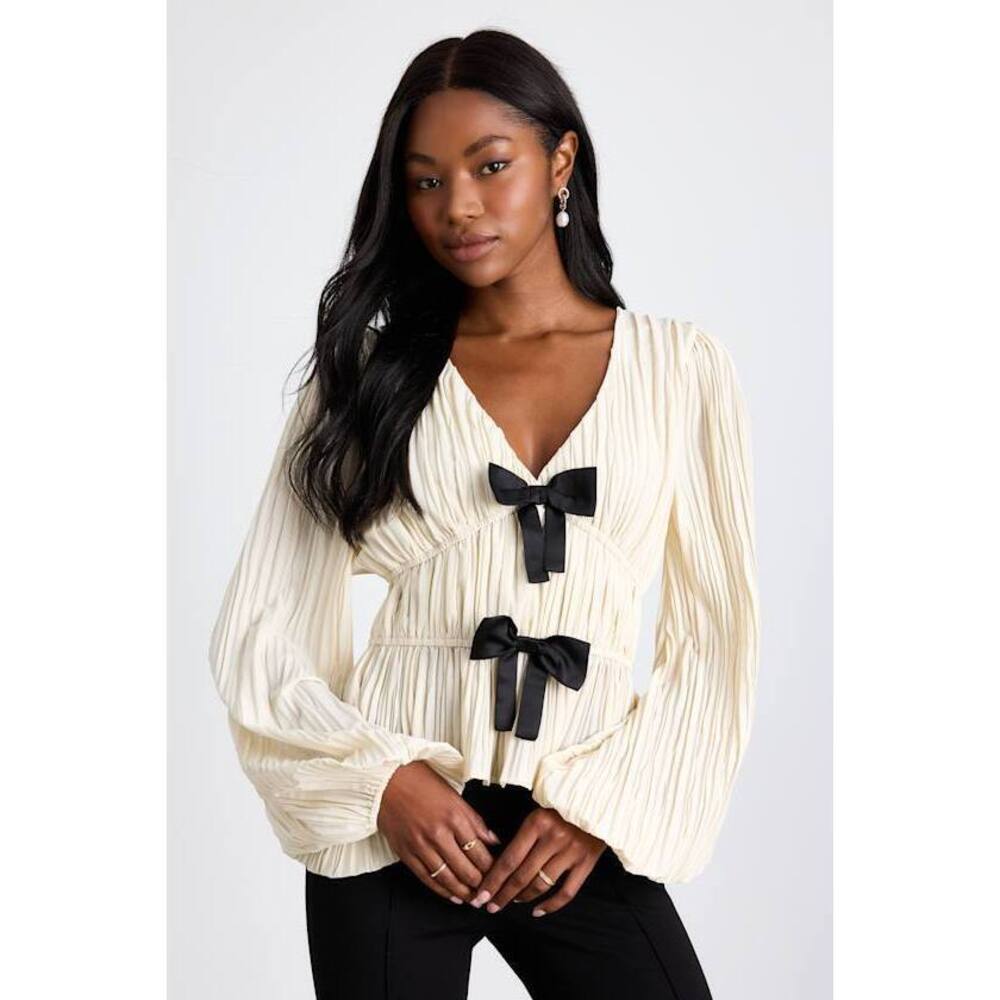 Lulus Yvetta Cream Plisse Balloon Sleeve Bow Top White - Size L